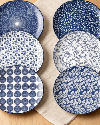 10 inch Porcelain Dinner Plates, Large Size Ceramic Plates for Salad, Pancakes, Scratch Resistant, Microwave, Oven and Dishwasher Safe Plates Set of 6, Vintage Blue