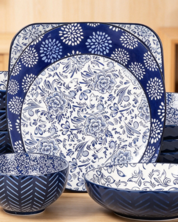Dinnerware Sets 16 Piece, Ceramic Plates and Bowls Set, Embossed Dishes Set for 4, Housewarming, Blue