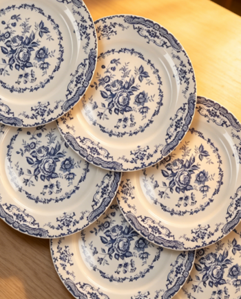 Dinner Plates, Ceramic Plates Set of 6, Kitchen Plates Microwave Safe, White Plate Dessert Blue Floral Plate Porcelain (Blue Rose, 10.5 inch)