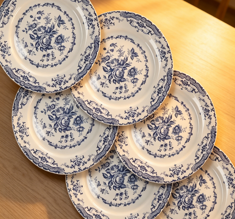 Dinner Plates, Ceramic Plates Set of 6, Kitchen Plates Microwave Safe, White Plate Dessert Blue Floral Plate Porcelain (Blue Rose, 10.5 inch)